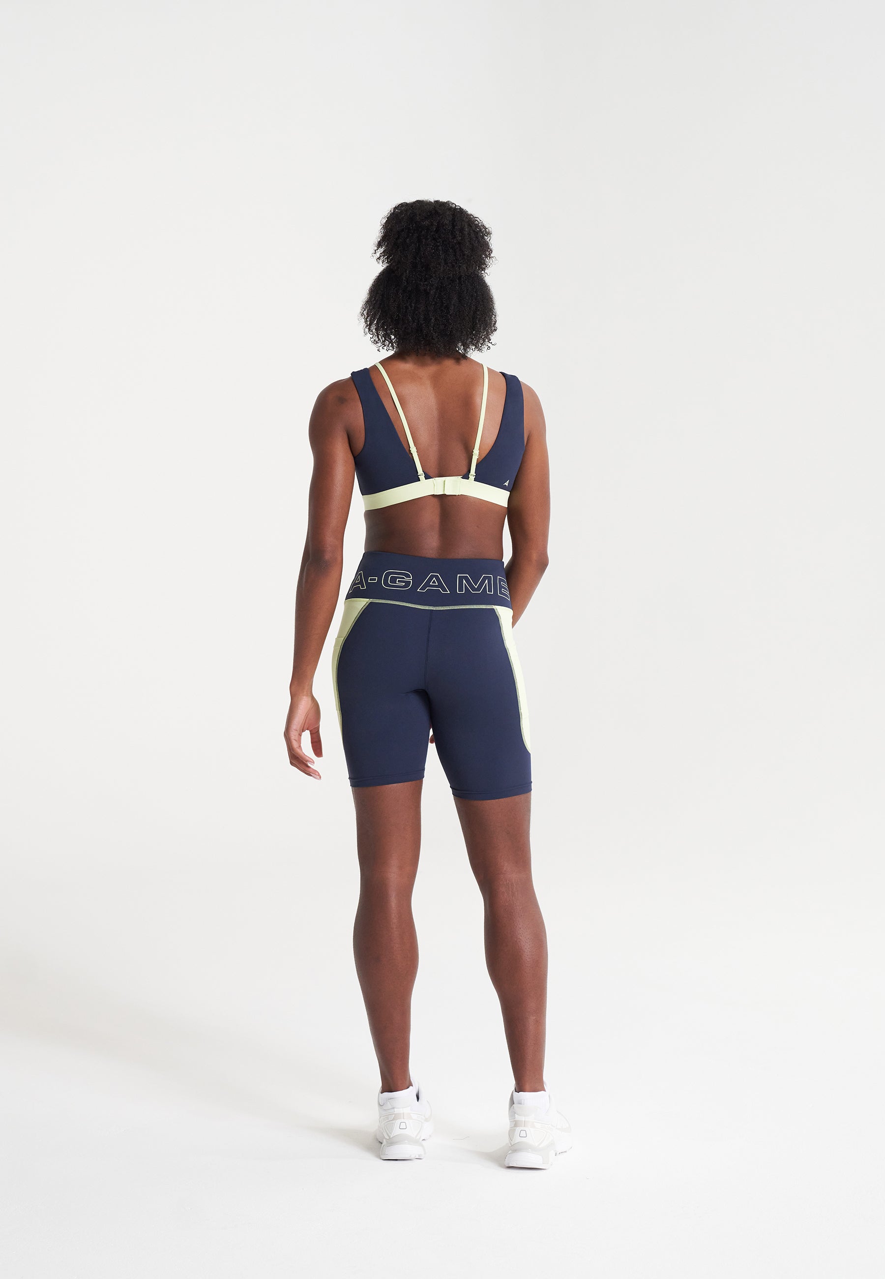 WOMENS A-GAME HIGH RISE BIKER SHORTS - NAVY/LIME